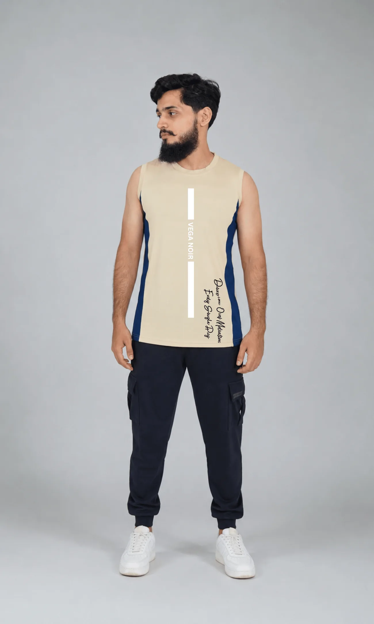 Model wearing the Vega Noir Motivation Bar Tank